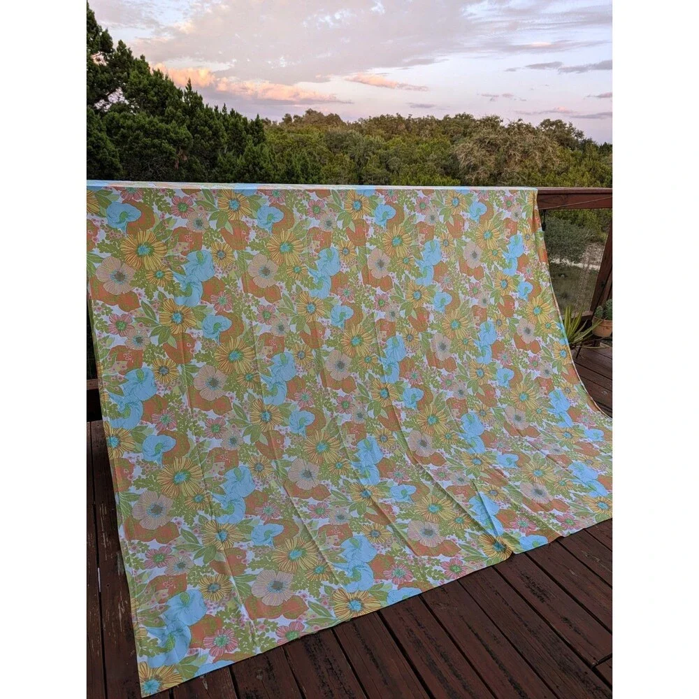Vintage Springmaid Wondercale Queen Flat sheet 1970s Retro Floral Rajah Garden